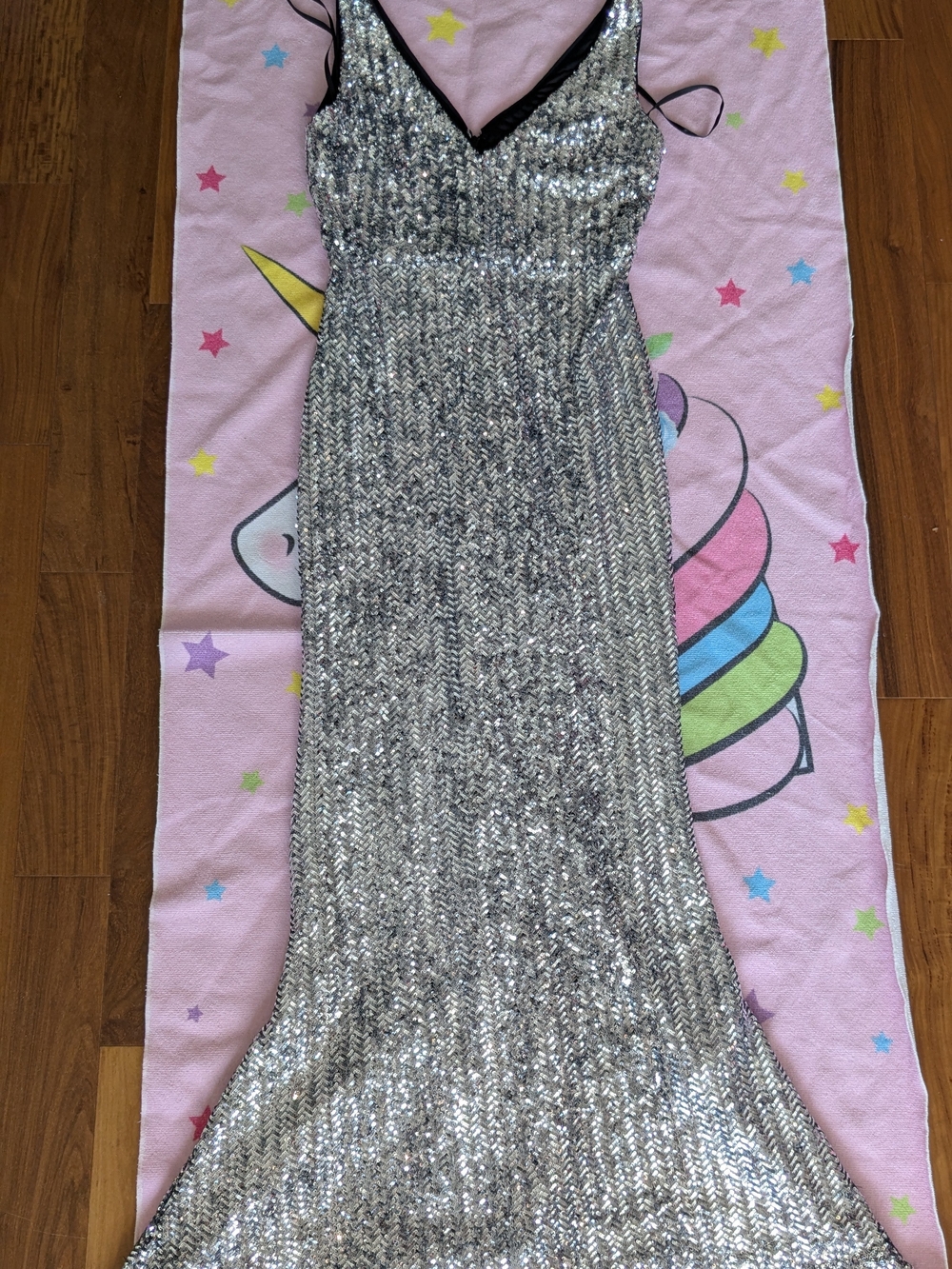 Forever New Silver Sequin Maxi Gown with Black Trim